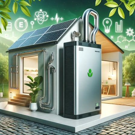DALL·E 2024-05-27 10.56.53 - A modern home with a sleek, compact fuel cell heating unit installed in the basement. The unit is connected to the houses heating and electrical syst