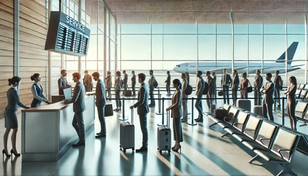 DALL·E 2024-06-25 16.29.53 - A modern airport terminal with a busy scene of passengers. Some are standing in line at a service counter, while others are seated with their luggage,