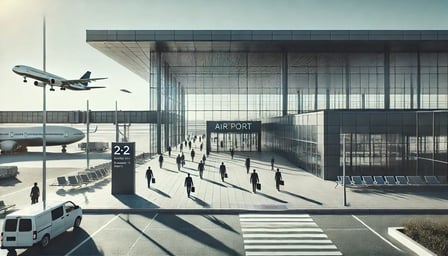 DALL·E 2024-06-25 16.34.20 - A modern airport exterior scene with a sleek, contemporary terminal building. The architecture features large glass windows and a clean, minimalist de